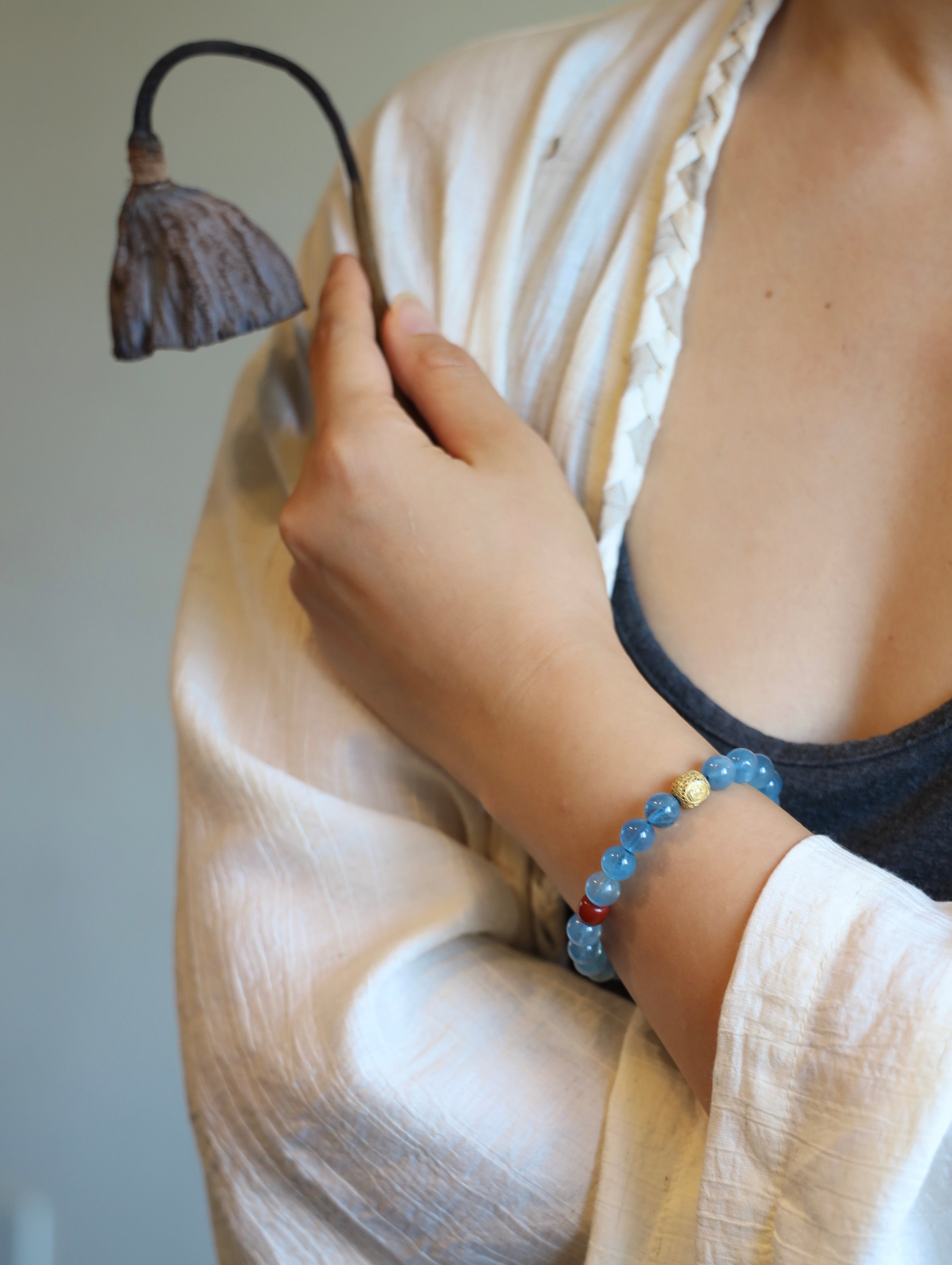 Buddha Charm Aquamarine Beaded Bracelet